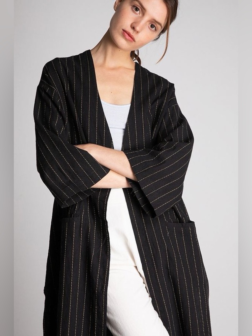 Black Pinstripe Open-Front Kimono Robe with Metallic Stitching